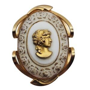 White & Gold Cameo Brooch Vintage Milk Glass Oval Victorian Revival Figural Pin